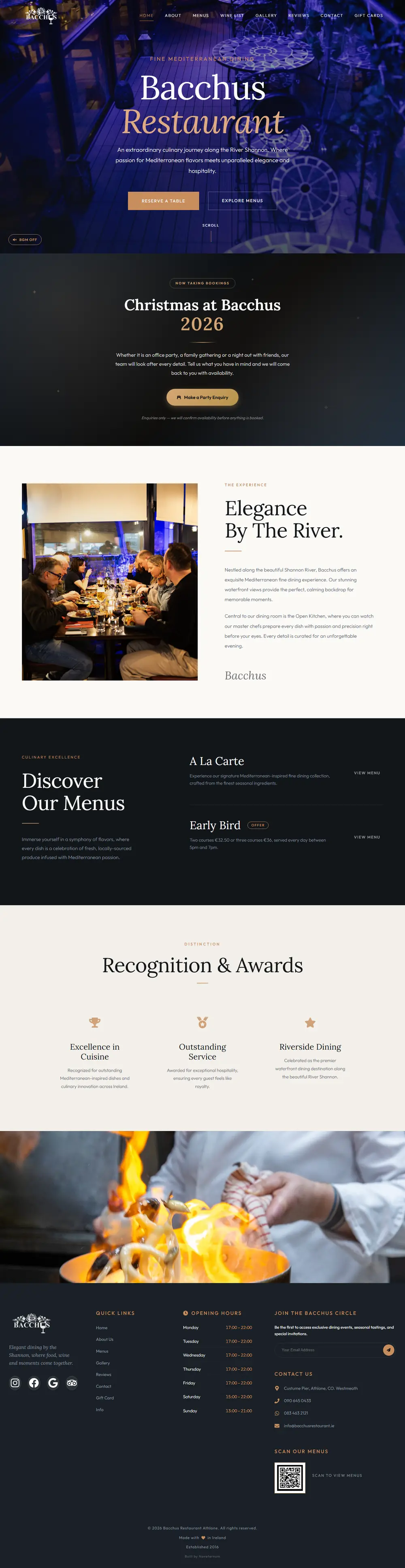 Bacchus Restaurant homepage with reservation and menu buttons