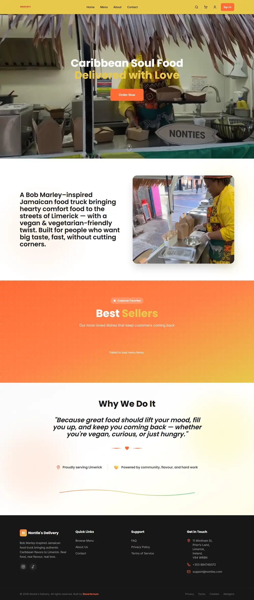 Nonties Food Truck homepage with an order now button