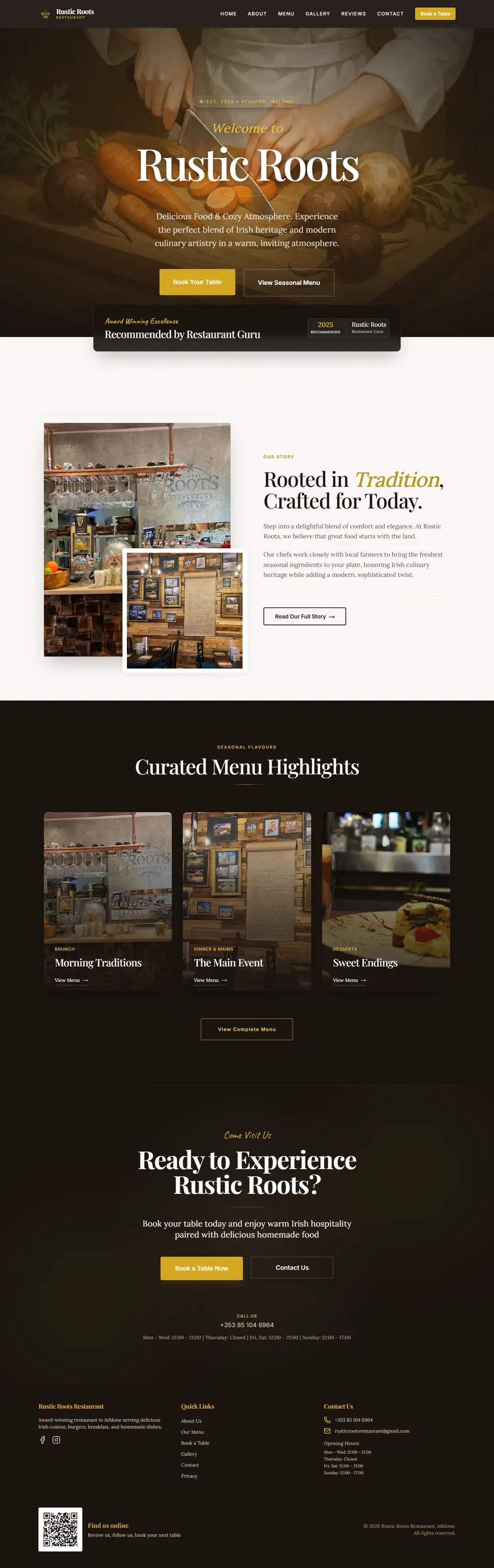Rustic Roots restaurant homepage