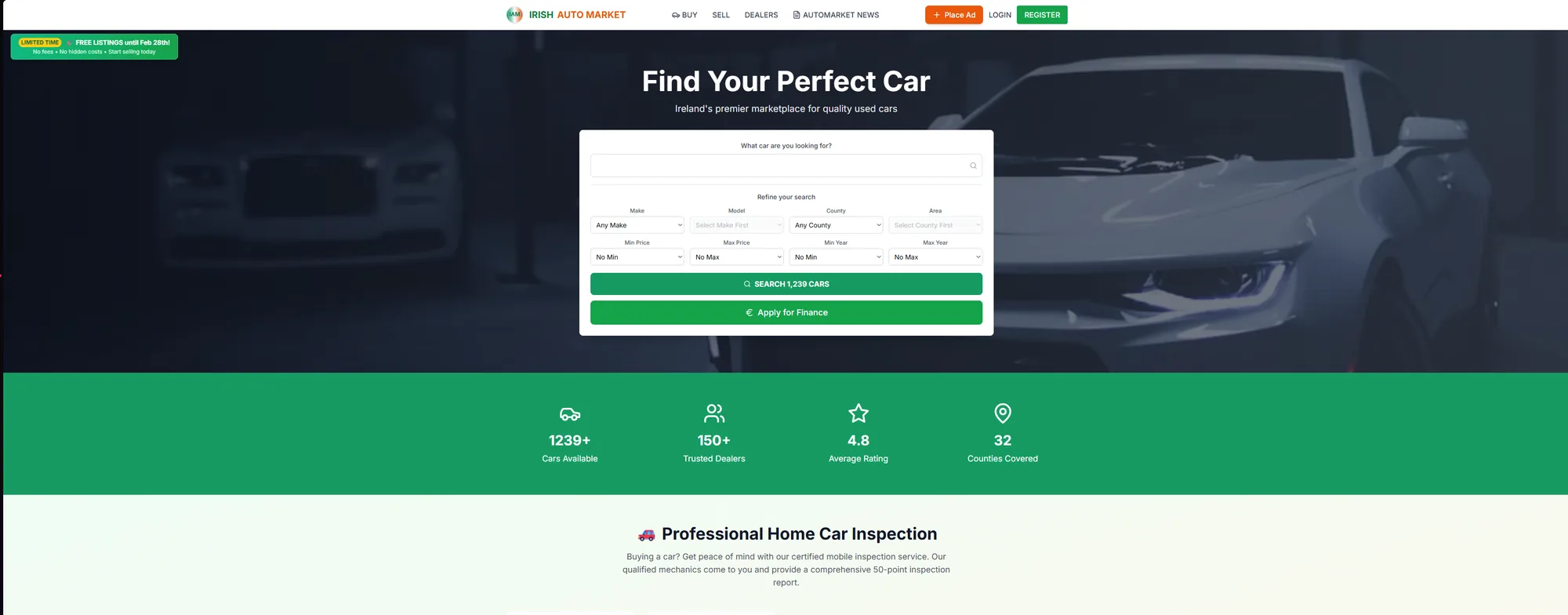 Irish Auto Market homepage with car search filters and dealer stats